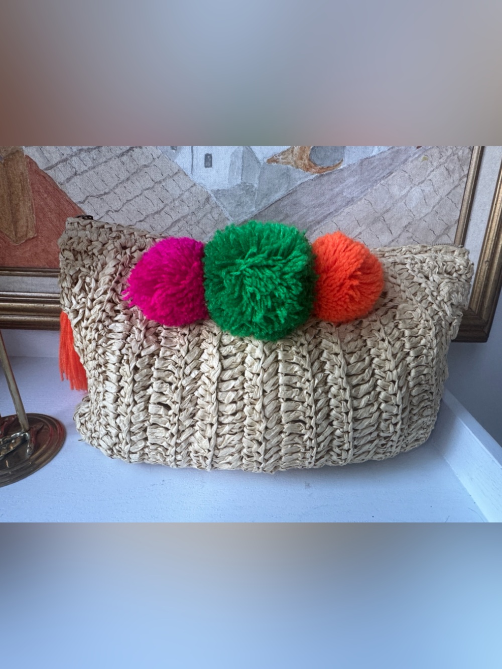 Shiraleah Boho bag / clutch with Pink, Green & Orange Pom Poms